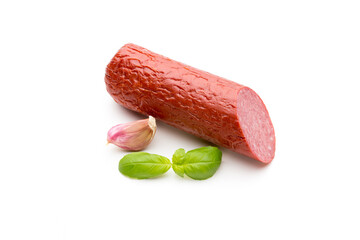 Salami smoked sausage, basil leaves on white background cutout.