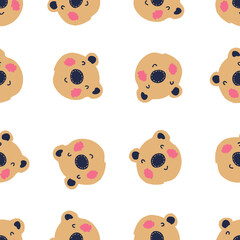 Hand drawn seamless pattern with cute bear faces. Perfect for scrapbooking, poster, textile and prints. Cartoon style vector illustration for decor and design.
