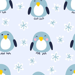 Cartoon style winter penguins with snowflakes seamless pattern. Perfect for T-shirt, textile and prints. Hand drawn vector illustration for decor and design.
