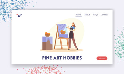 Obraz na płótnie Canvas Fine Arts Hobbies Landing Page Template. Creative Occupation, Drawing Class or Workshop. Talented Artist Painting Fruits