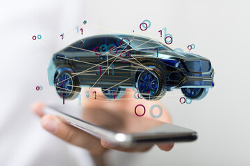 Hologram auto, futuristic polygonal model auto.