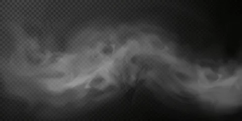 Plexiglas foto achterwand White smoke puff isolated on transparent black background. PNG. Steam explosion special effect. Effective texture of steam, fog, smoke png. Vector.  © Sergey