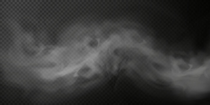 White smoke puff isolated on transparent black background. PNG. Steam explosion special effect. Effective texture of steam, fog, smoke png. Vector.	