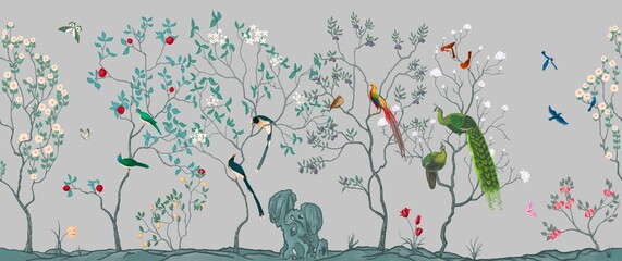 Chinoiserie Vintage floral illustration for wallpaper, fabric, packaging. Mural. Bloom. Seamless background with exotic birds and flowers