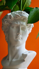 Stylish modern statue bust of David sculpture for flowers on orange isolated background close up