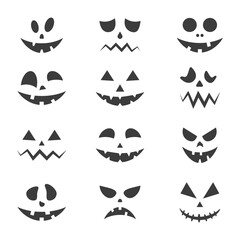 Scary faces of Halloween pumpkins set. Horror ghost face collection. Vector isolated on white