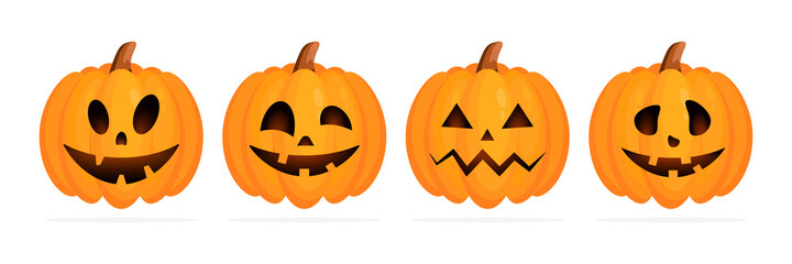 Set Halloween pumpkin with different face emotions. Cute pumpkins collection for autumn holiday. Vector isolated on white