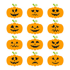 Set Halloween pumpkin with different face emotions. Cute pumpkins collection for autumn holiday. Vector isolated on white