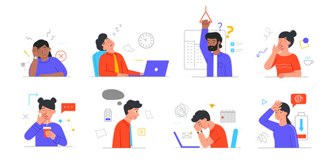 Set of tired, sleepy male and female characters in daily life scenes on white background. Office workers, tired mother with depression, student, sleepy man in subway. Flat cartoon vector illustration