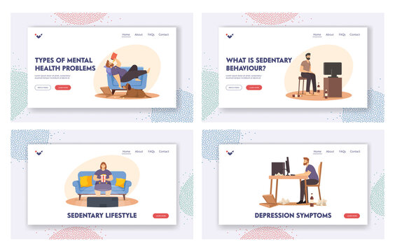 Sedentary Lifestyle Landing Page Template Set. Lazy People Sitting on Sofa Eating Fast Food, Watch Tv. Fat Characters