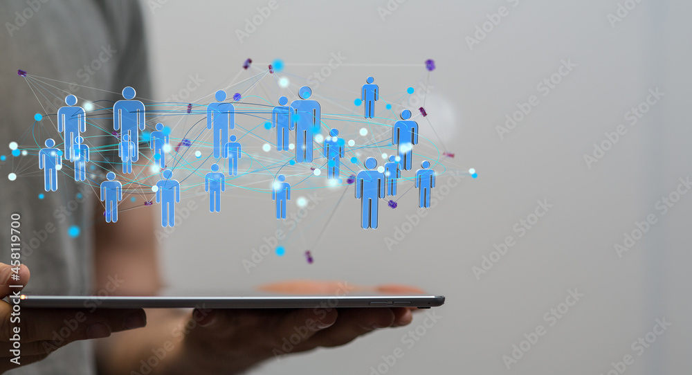 Aufkleber Abstract network of physical devices on the Internet using a network connection with statistics numbers 3d illustration