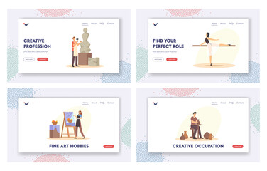 Obraz na płótnie Canvas Creative Occupation Landing Page Template Set. Talented Characters Working on Sculpture or Pottery, Painting Arts