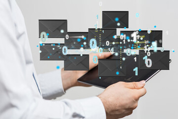 express envelope and parcel abstract technology background. Business quantum internet network communication and high speed parcel