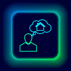 Glowing neon line Man dreaming about buying a new house icon isolated on black background. Colorful outline concept. Vector