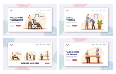 Obraz na płótnie Canvas Elderly Caregiving f Landing Page Template Set. Young People Care of Seniors. Caregiver Bring Food, Assistance to Aged