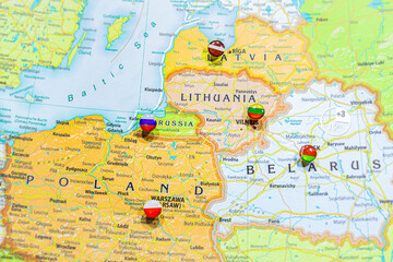 Close-up view of Baltic States on a geographical globe, Map shows capitals countries Latvia -Riga,...