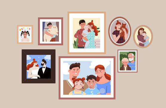 Set of family photo portraits in frames of different shapes on plain pastel wall. Concept of memorable pictures of parents and children at important moments in life. Flat cartoon vector illustration
