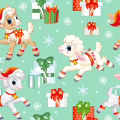 Vector seamless pattern with baby Christmas lamb