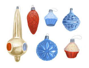 A set of vintage Christmas tree toys for decorating a Christmas tree. Retro style. New Year's prints. Pine twigs and glass toys. Celebration and holiday theme.