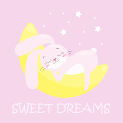 A cute baby image with a small bunny, a cartoon animal, a cartoon bunny that sleeps or dozes on the moon, surrounded by stars. Pink background for children's clothing, t-shirts, pajamas, bed linen