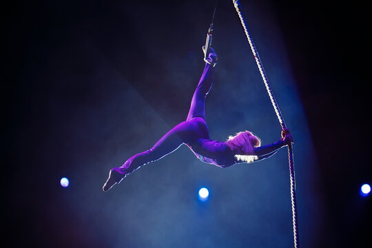 An aerial gymnast shows a performance in the circus arena.