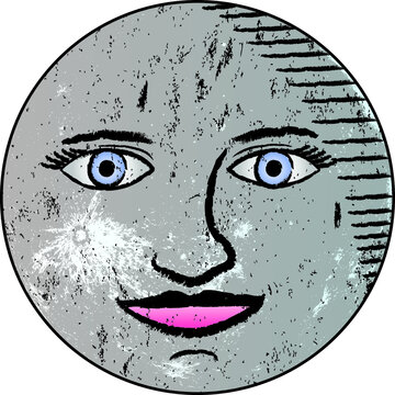 Beautiful vintage style moon with expressive face decorated with moon surface texture resembling an old nautical map drawing or sketch