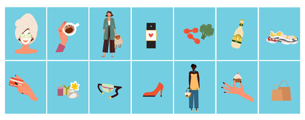 Fototapeta premium Set of essential clothing pieces and accessories for a stylish lady on blue background. Modern female lifestyle trends. Work and sport, fashion, spa, hobby, shopping. Flat cartoon vector illustration