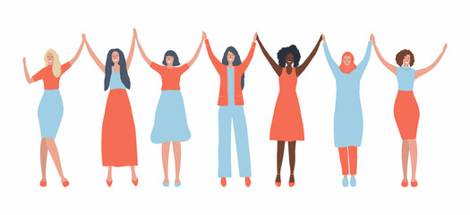 Women are holding hands. International Women's Day concept. Women's community. Female solidarity. Women silhouettes of different races. Vector illustration