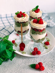 Sweet homemade trifle dessert with raspberries and cream cheese.