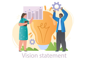 Male and female characters are working on vision statement in office together on white background. Concept of people on business mission, teamwork in office. Flat cartoon vector illustration