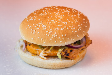 Burger with beef and chicken ,cheese from takeaway on white background