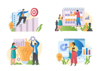 Set with male and female characters working on strategic business planning on white background. Concept of business mission, goals and philosophy, brand success. Flat cartoon vector illustration