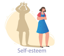 Young female character is standing with her inner confident version shadow behind on white background. Concept of truely loving yourself, body positive, confidence. Flat cartoon vector illustration