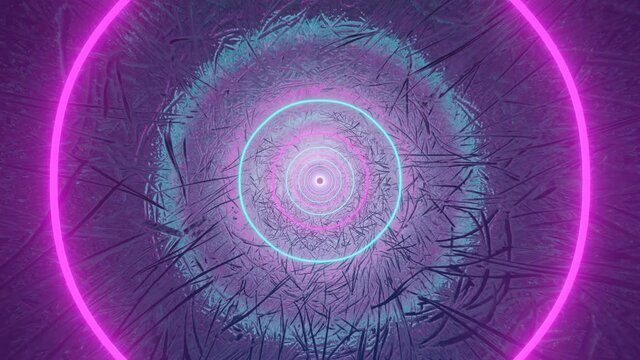 camera fly through an endless round tunnel with glowing neon rings. loop animation 3d render