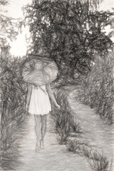 Black and white sketch. Young beautiful woman with summer hat in the corn field.