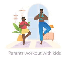 Mindful female character is doing yoga excercises with her little daughter at home on white background. Concept of parents working out with their children at home. Flat cartoon vector illustration