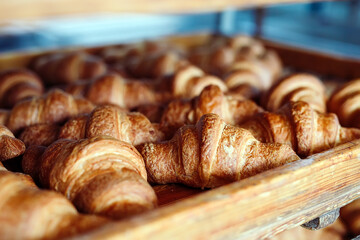 Fresh croissants with cream on a wooden shelf.