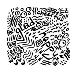 Doodle drawing with symbols and words happy, cheerful, glad. Black doodles on a white background. sketch of a square shape. Vector illustration.