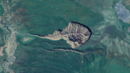 Batagaika Crater looking down aerial view from above, bird’s eye view Batagaika Crater, Sakha...