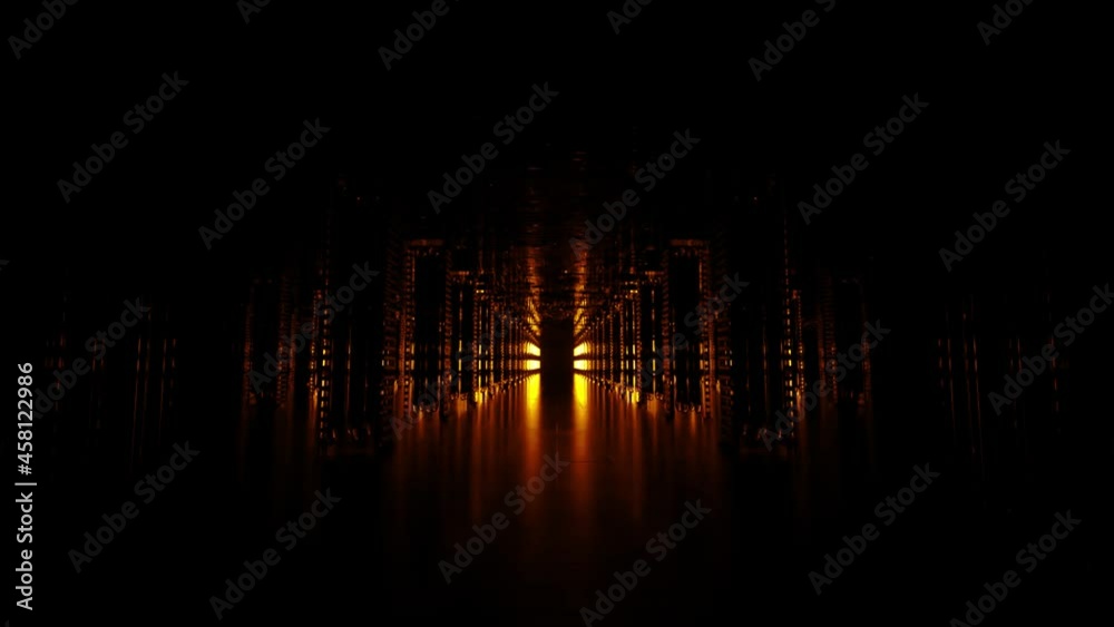 Wall mural a long futuristic corridor with a technological interior. neon light moving rapidly from the end of 