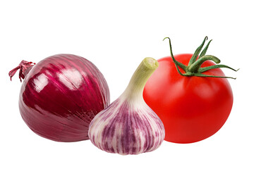 Garlic, tomato and red onion isolated on white background