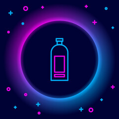 Glowing neon line Bottle of shampoo icon isolated on black background. Colorful outline concept. Vector