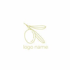 Logo of olives on a branch . Modern logo in line style. Minimalistic floral vector illustration. Elegant sign for canned olives, olive oil, olive plantation.