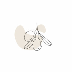 Logo of olives on a branch . Modern logo in line style on color spot. Minimalistic floral vector illustration. Elegant sign for canned olives, olive oil, olive plantation.