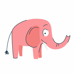Funny cartoon cute pink elephant. Cute baby elephant. Side view. A funny animal. Isolated over white background.