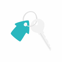 Simple flat vector illustration of house key with keychain isolated on white background. Real estate, insurance concept, mortgage, house purchase and sale, realtor concept.