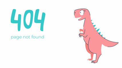 Illustration of internet connection problem concept. 404 error page not found isolated in white background. The funny pink dinosaur.