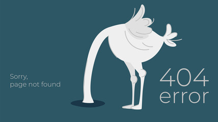 Illustration of internet connection problem concept. 404 error page not found isolated in black background. The ostrich will bury its head in the sand ignoring the problems.