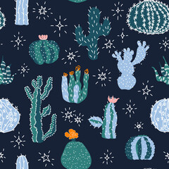 Cactus pattern. Vector desert plants and stars on dark background.  Perfect for cards, wrapping paper, printing on the fabric, design package and cover