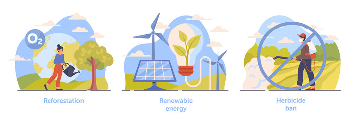 Set of scenes necessary for climate change deceleration on white background. Reforestation, renewable energy and herbicide ban. Concept of climate change mitigation. Flat cartoon vector illustration